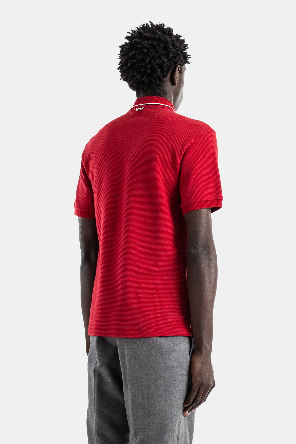 Red Tricolour-Trim Waffle Cotton Polo with Ribbed Collar, Placket and Cuffs