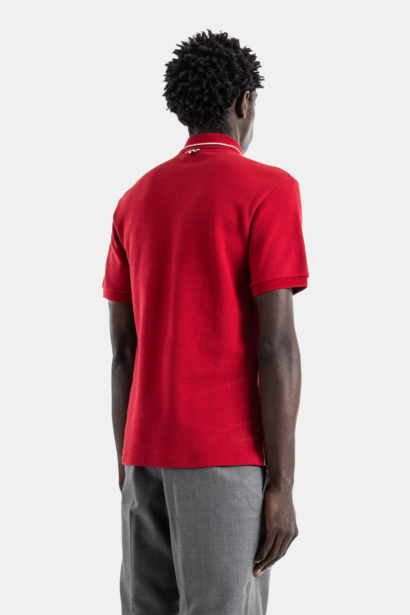 Red Tricolour-Trim Waffle Cotton Polo with Ribbed Collar, Placket and Cuffs