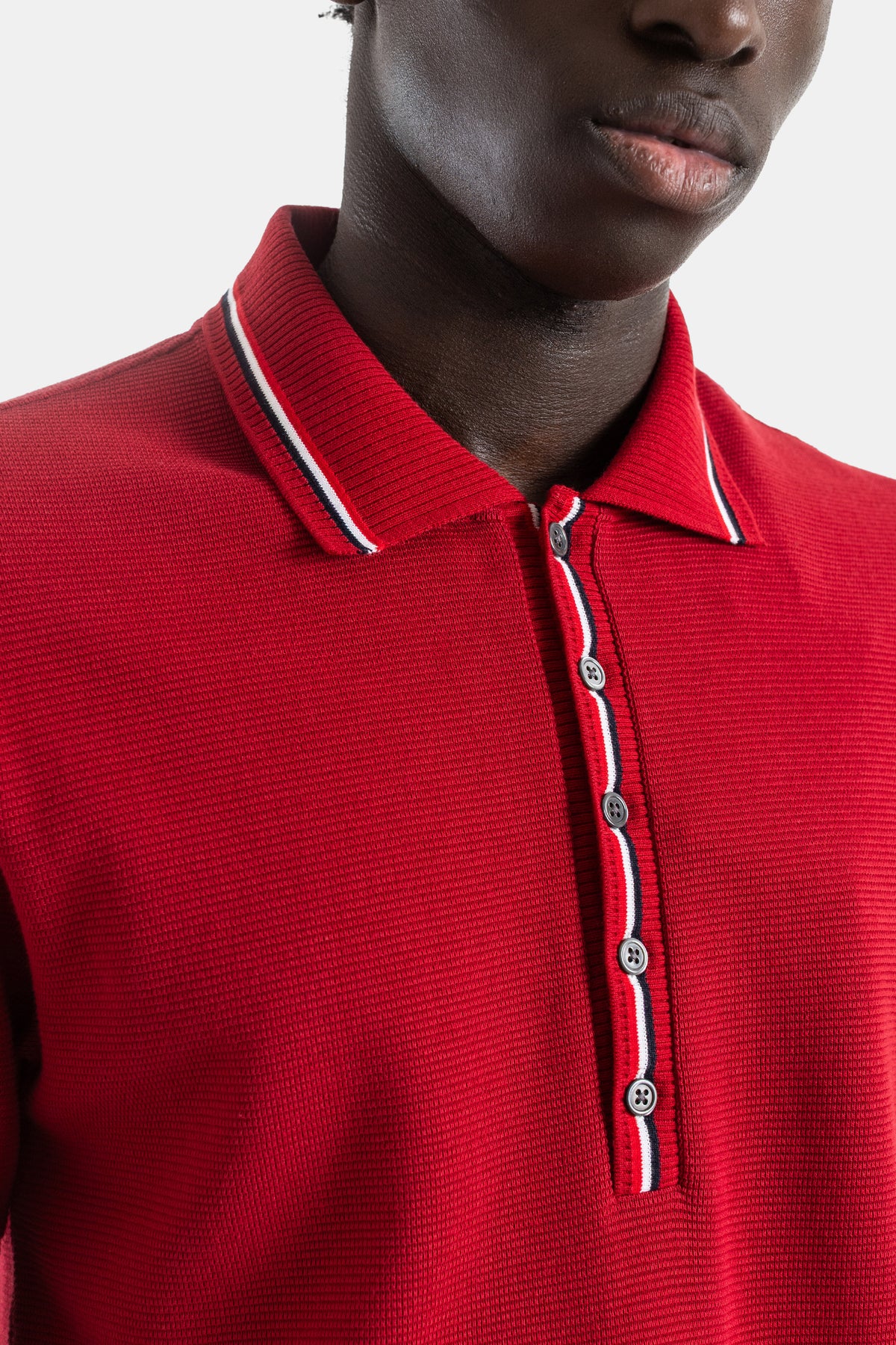 Red Tricolour-Trim Waffle Cotton Polo with Ribbed Collar, Placket and Cuffs