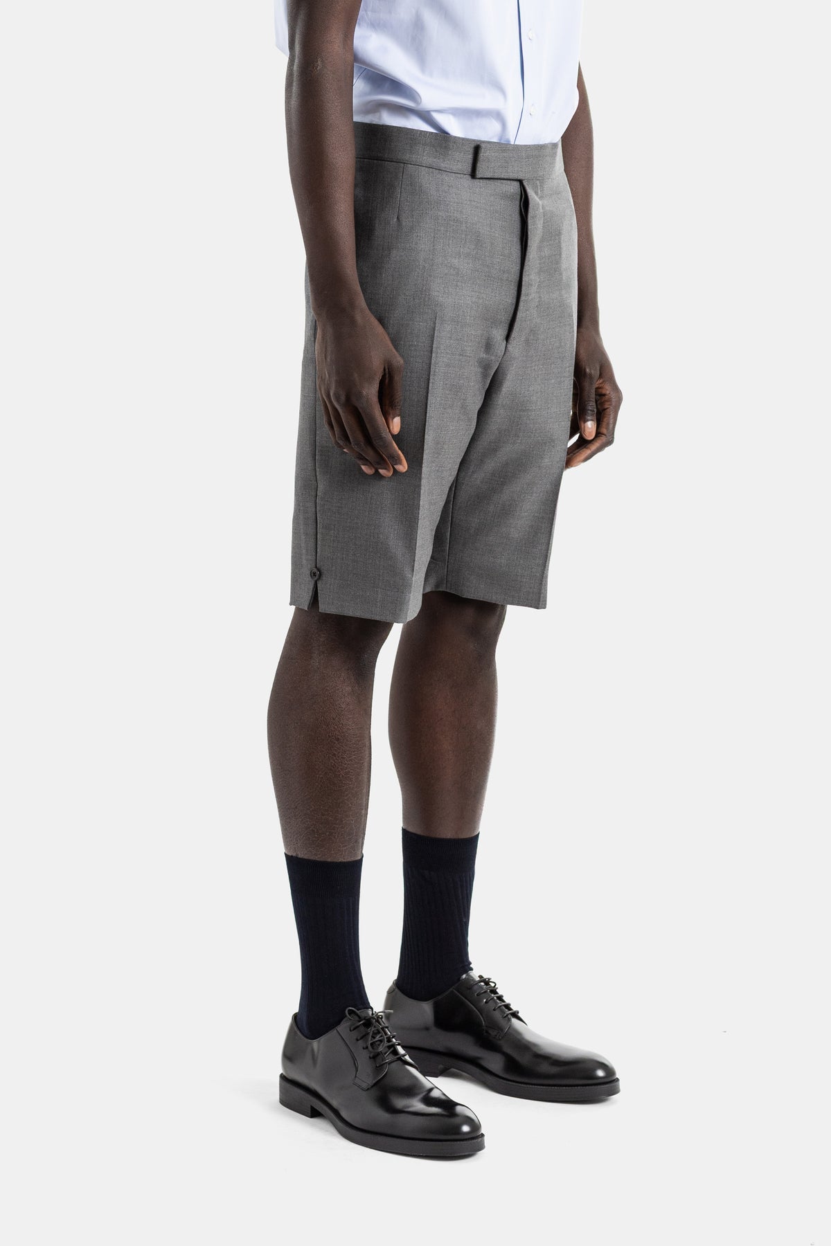 Short tailleur laine twill gris chiné taille haute backstrap