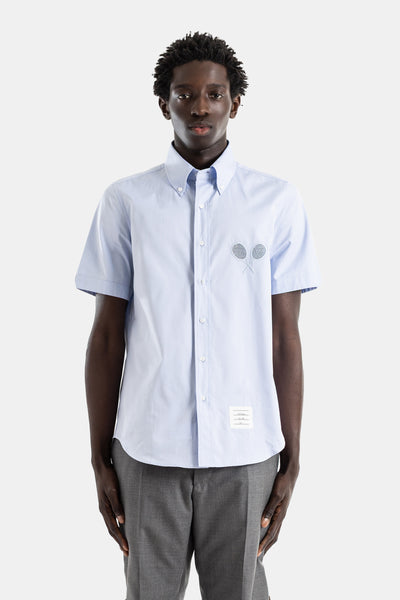 Thom Browne Sky Blue Poplin Short-Sleeved Shirt with Racket Embroidery