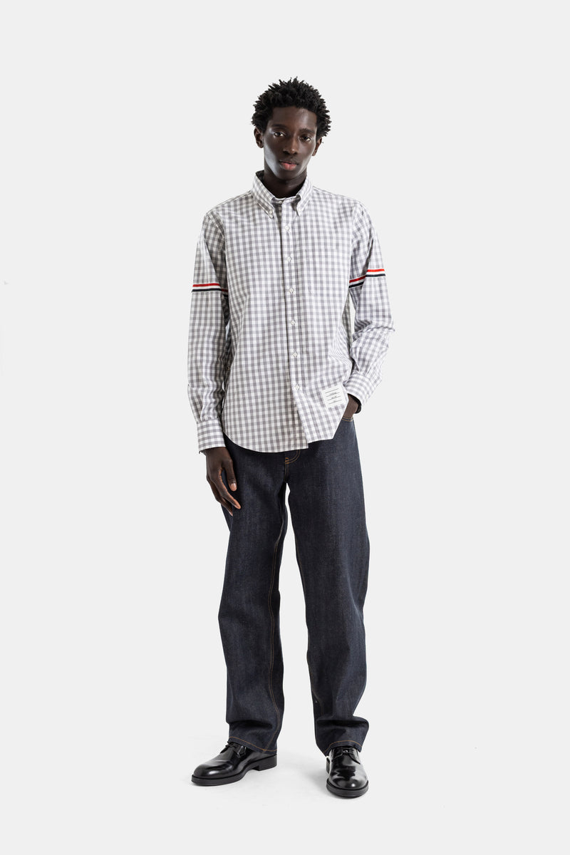 Chemise poplin gingham gris blanc armband grosgrain tricolore manche