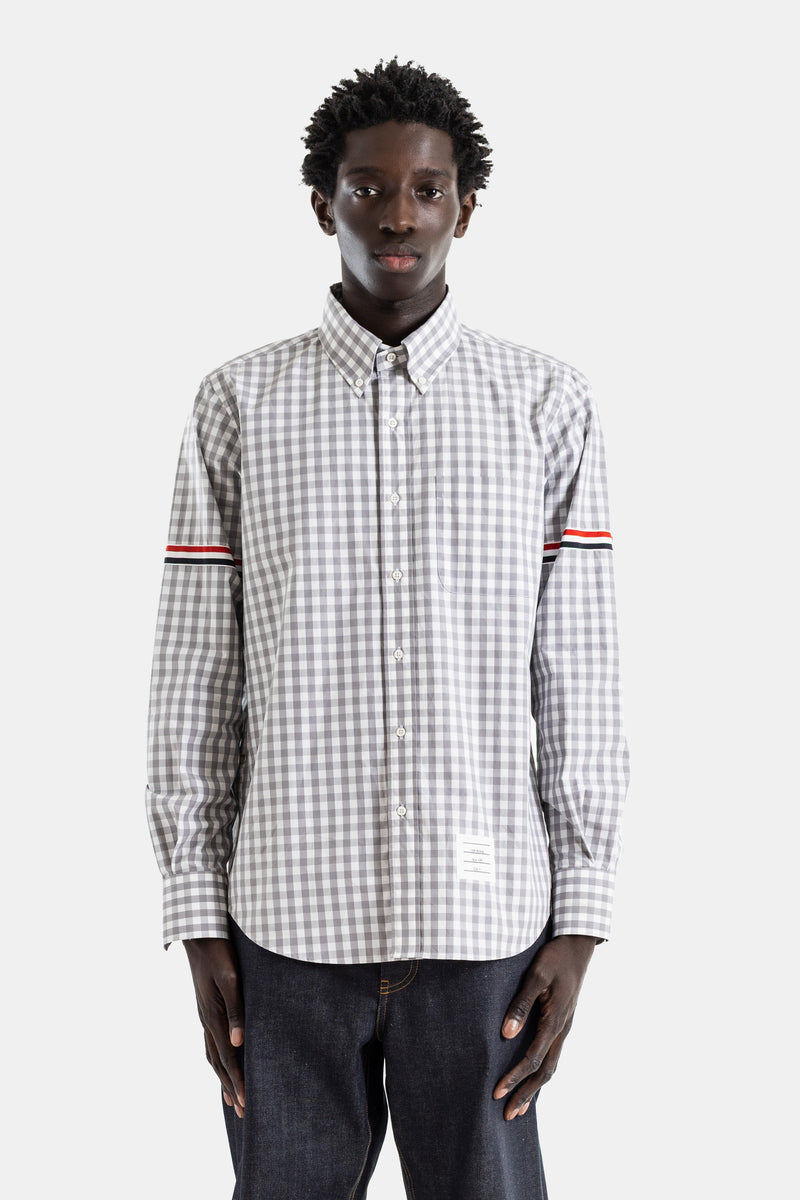 Chemise poplin gingham gris blanc armband grosgrain tricolore manche