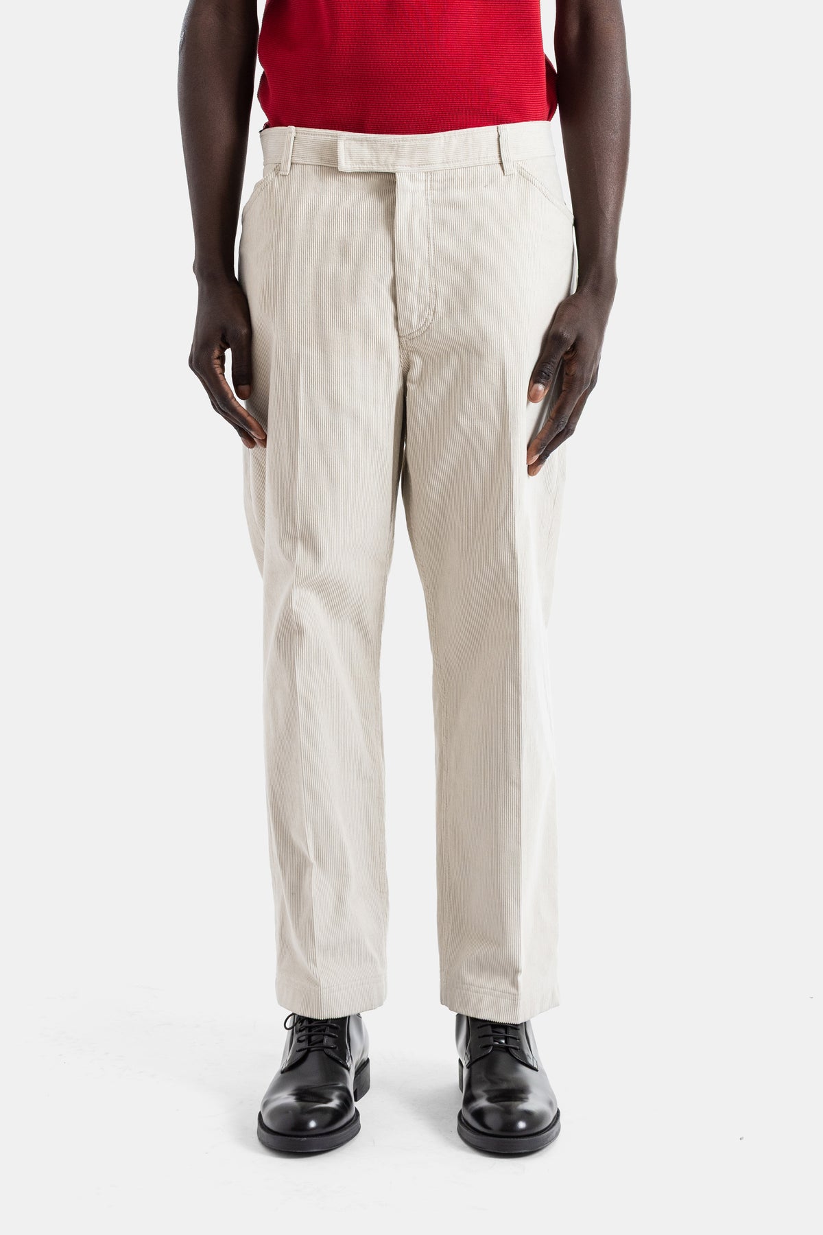 Thom Browne tapered fine sand beige corduroy high-waist backstrap straight fit chino SS26