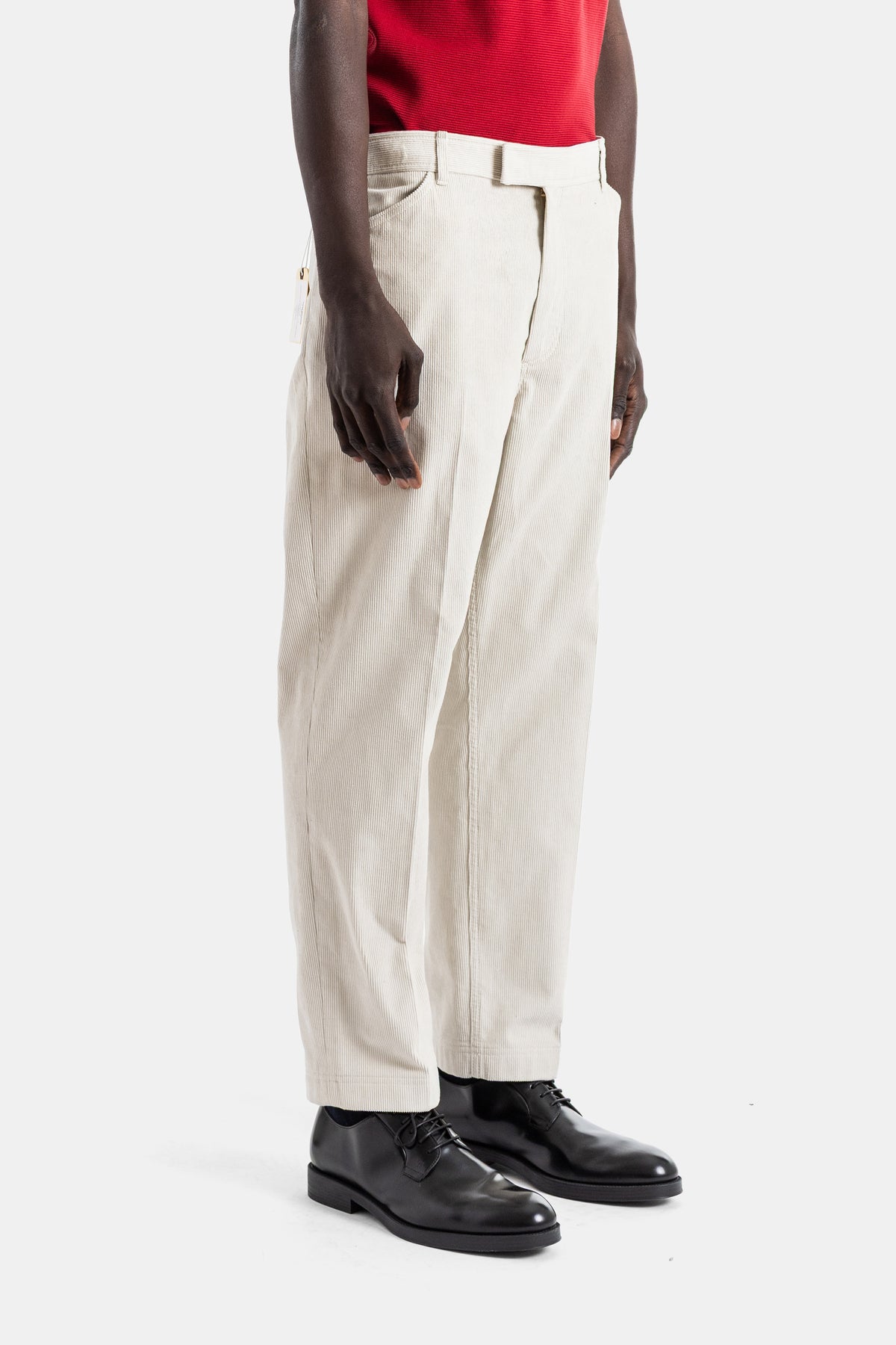 Tapered Fine Corduroy Chino in Sand Beige, High-Waist with Backstrap