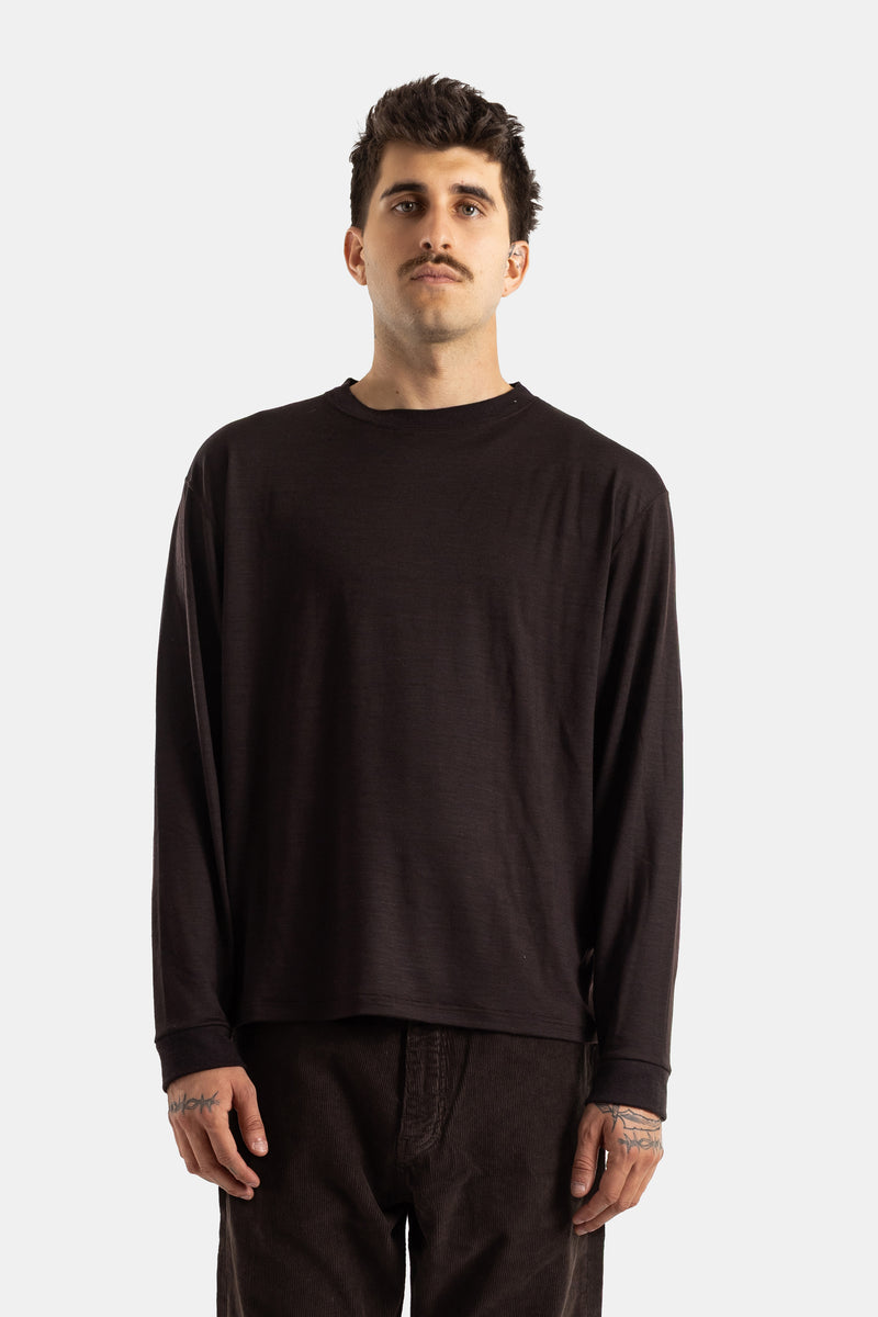 Studio Nicholson long-sleeved Pinhas t-shirt in dark brown fine jersey, designed with an oversized fit.