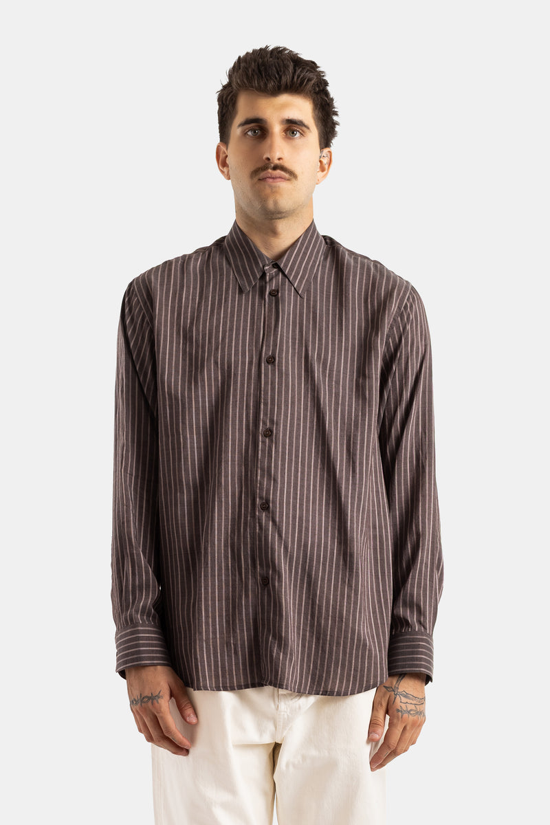 Studio Nicholson oversized striped brown shirt with a classic collar and long sleeves in a fluid fabric
