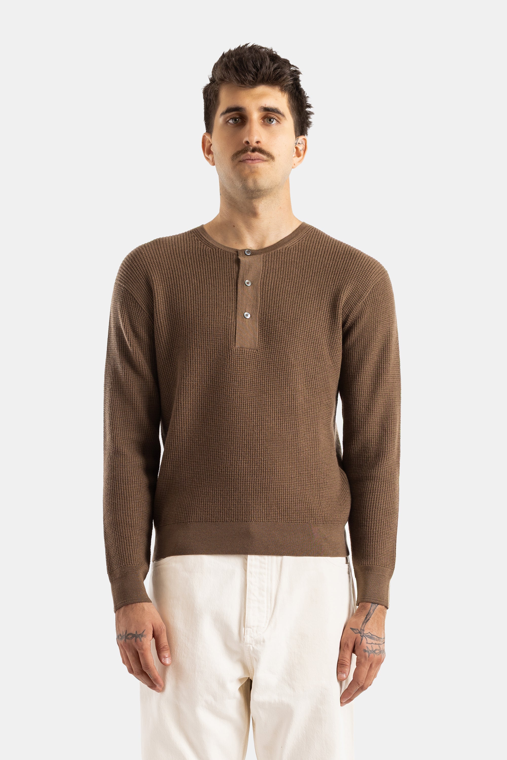 Studio Nicholson Brown Waffle-Knit Henley Sweater | Actuel B