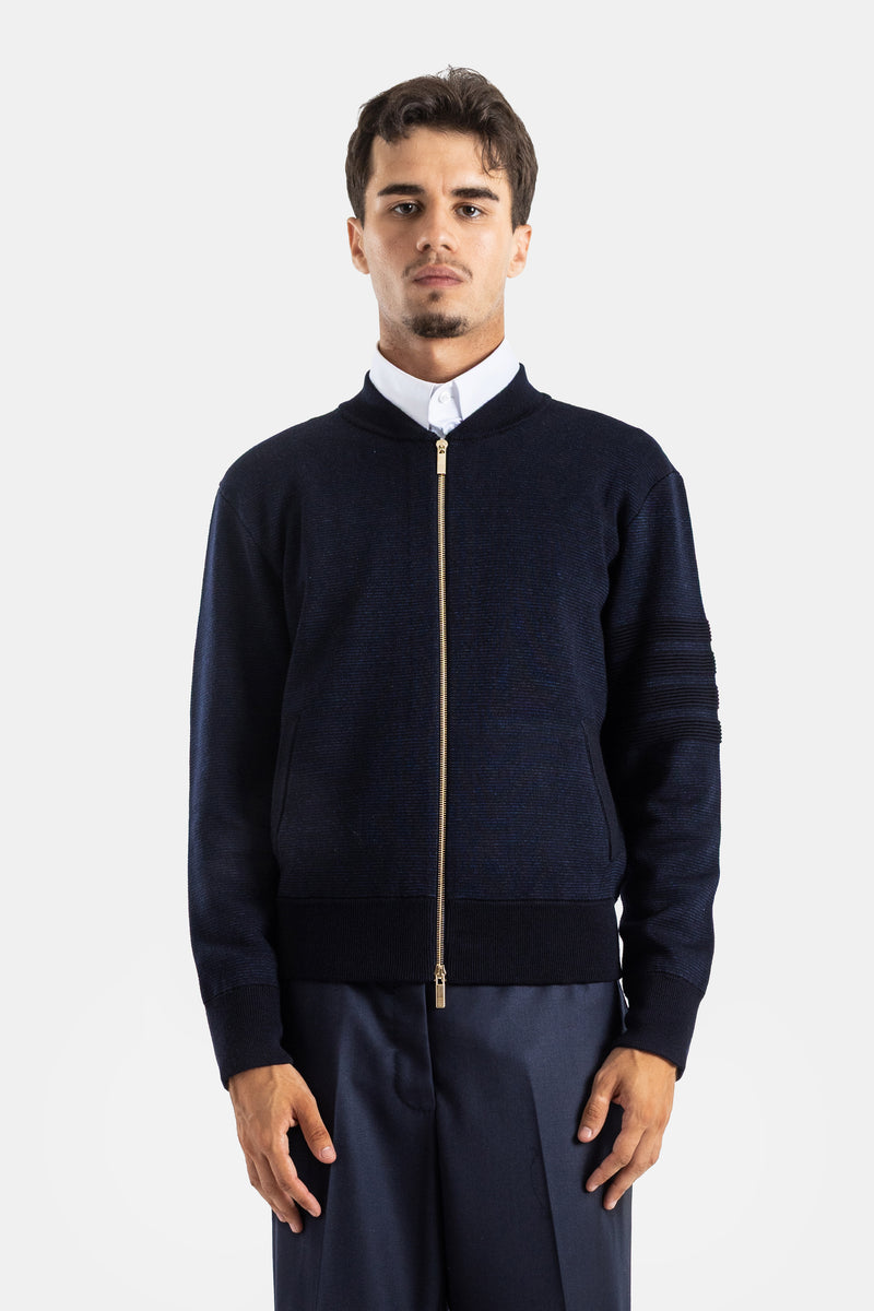 Thom Browne bomber zippé en laine mérinos bleu marine col montant manches côtelées coupe ajustée homme