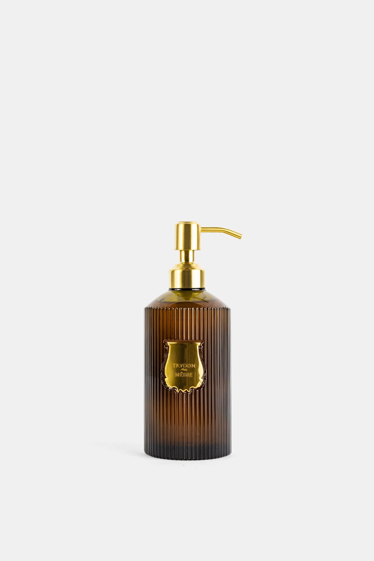 Trudon Médie liquid soap fluted amber brown glass bottle golden brass pump FW26