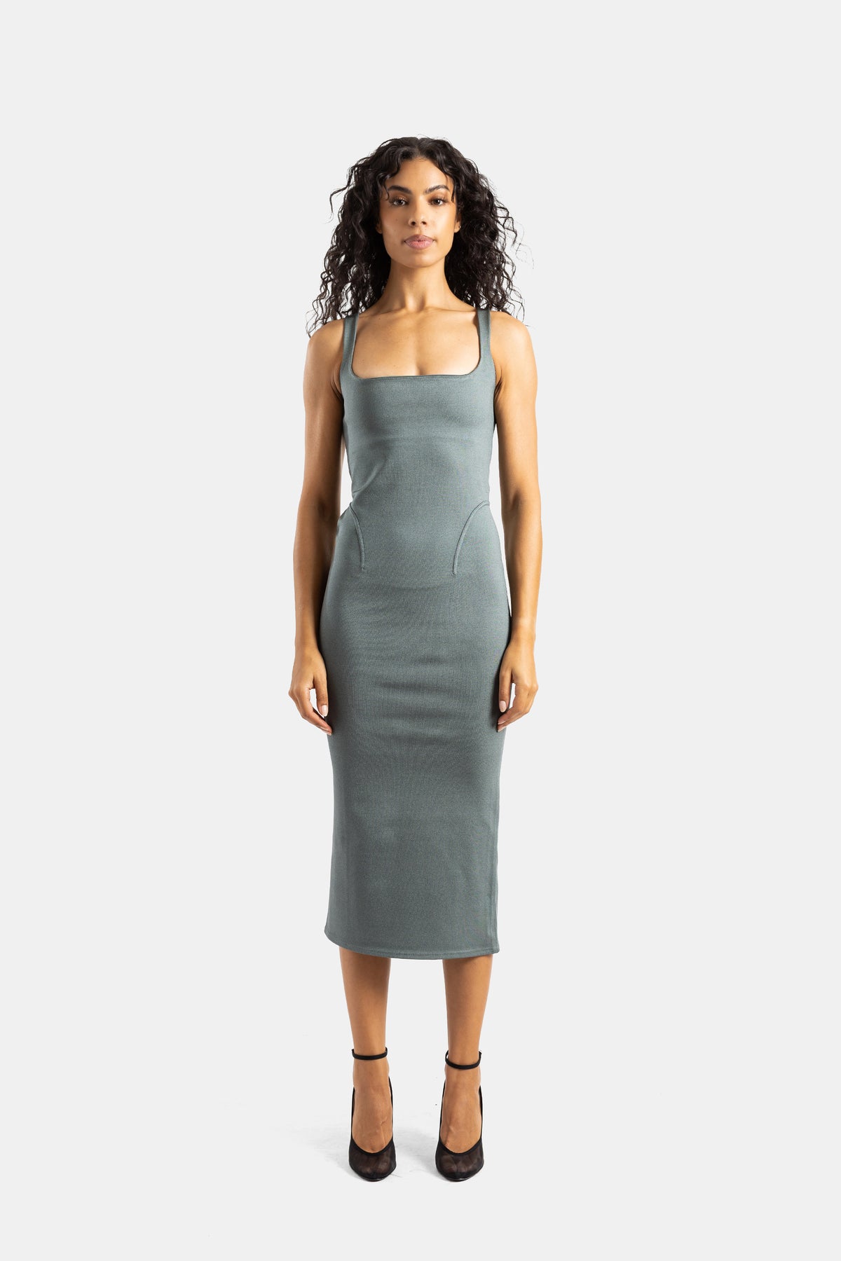 Maison Alaïa fitted midi dress in grey-green fine knit featuring an elegant square neckline and wide straps