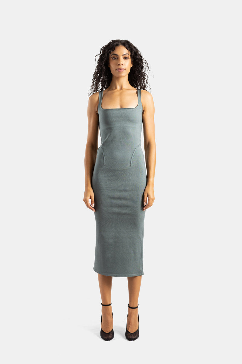Maison Alaïa fitted midi dress in grey-green fine knit featuring an elegant square neckline and wide straps