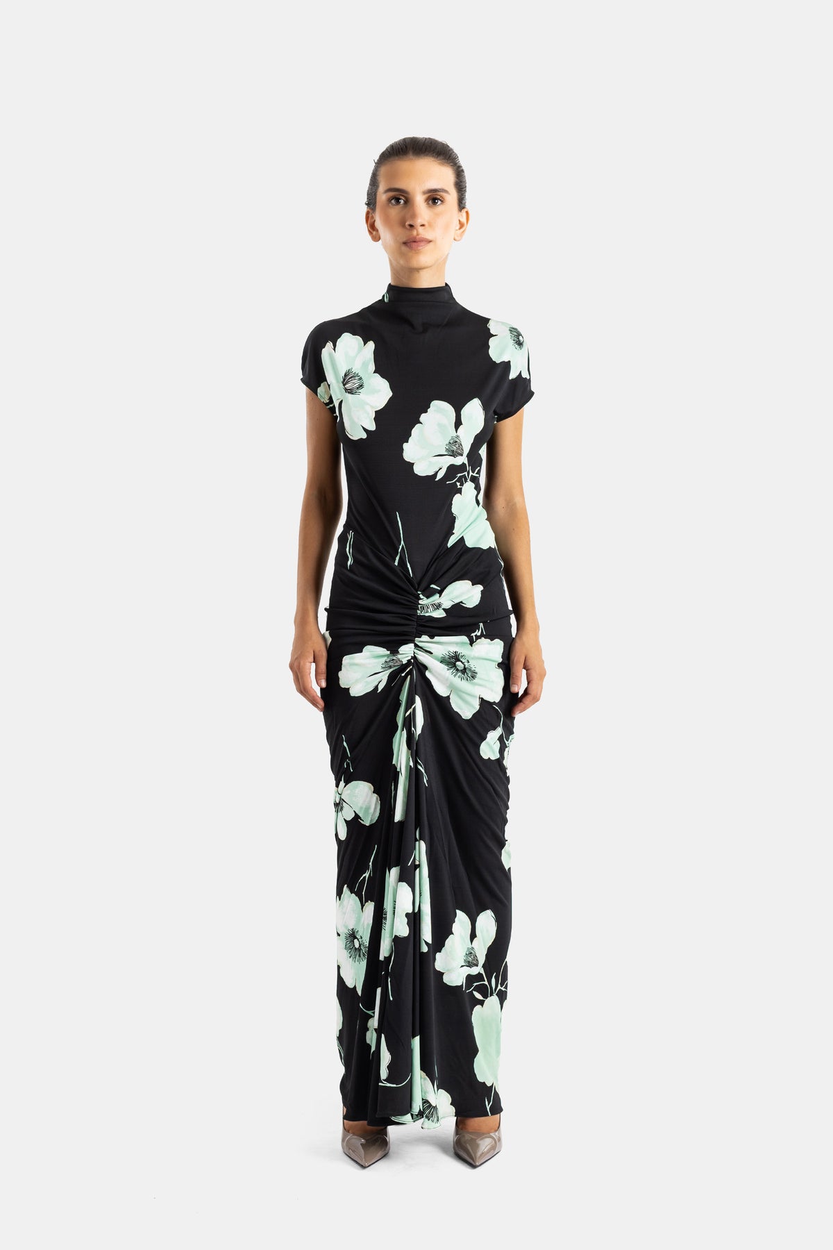 Maison Alaïa robe longue drapée col montant jersey floral noir et vert menthe