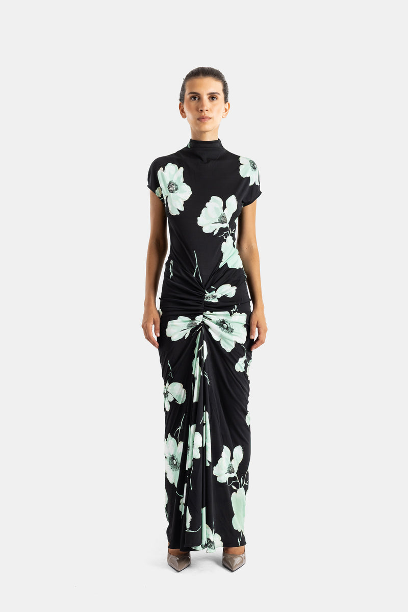 Maison Alaïa robe longue drapée col montant jersey floral noir et vert menthe