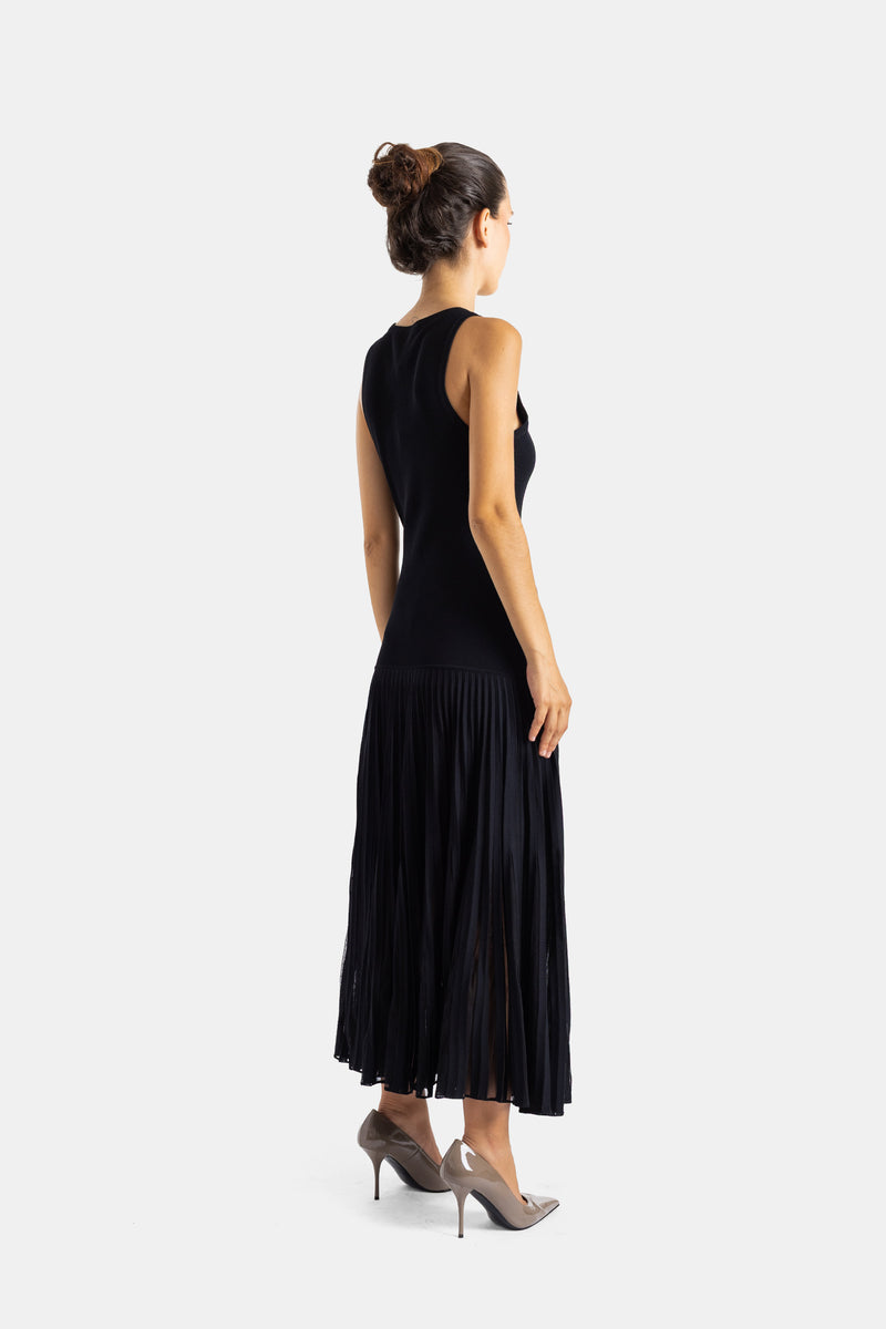 Black sleeveless pleated chiffon midi dress Alaïa