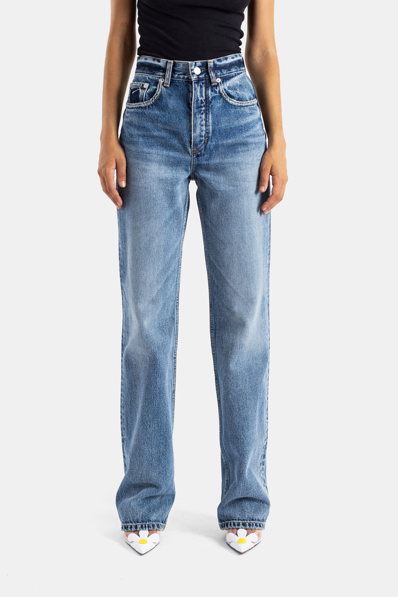 Maison Alaïa jean droit taille haute en denim délavé bleu indigo à coupe droite et ample