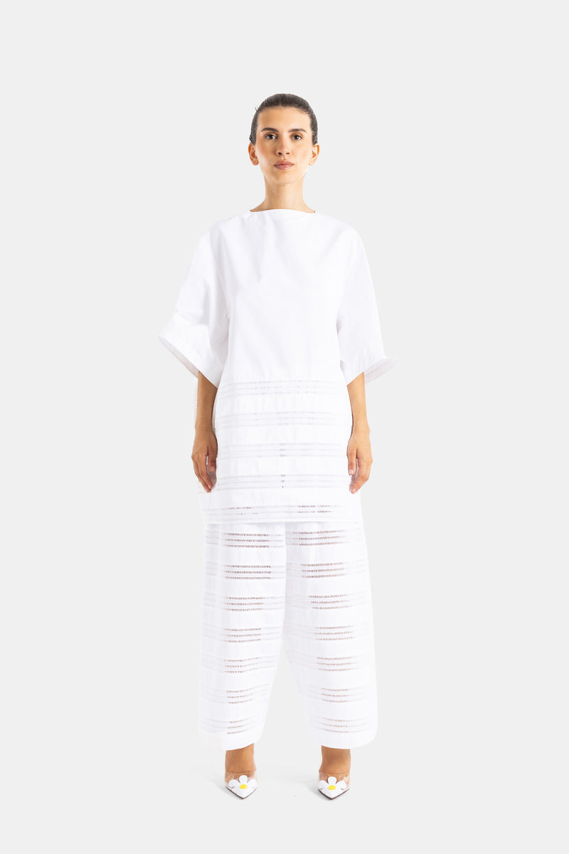 Alaïa Round Dress in Openwork White Cotton Poplin