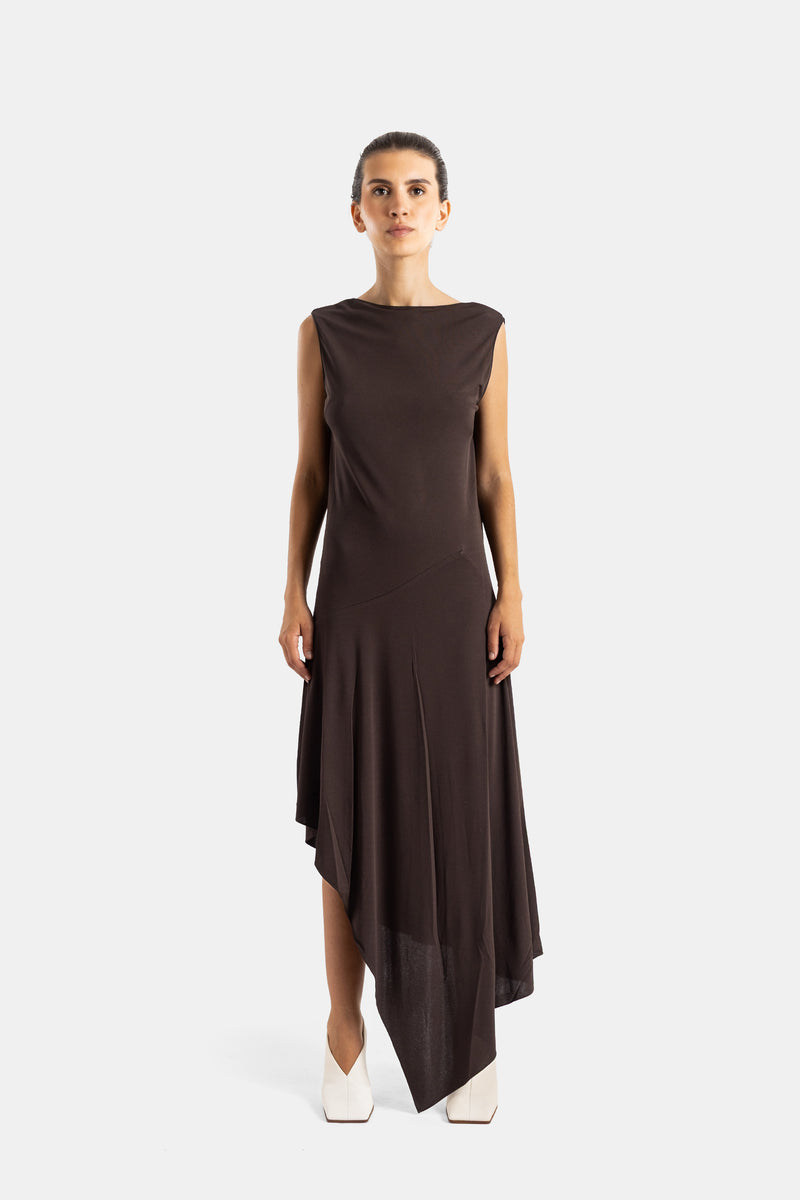 Maison Alaïa robe jersey crêpe sans manches col bateau ourlet asymétrique marron chocolat