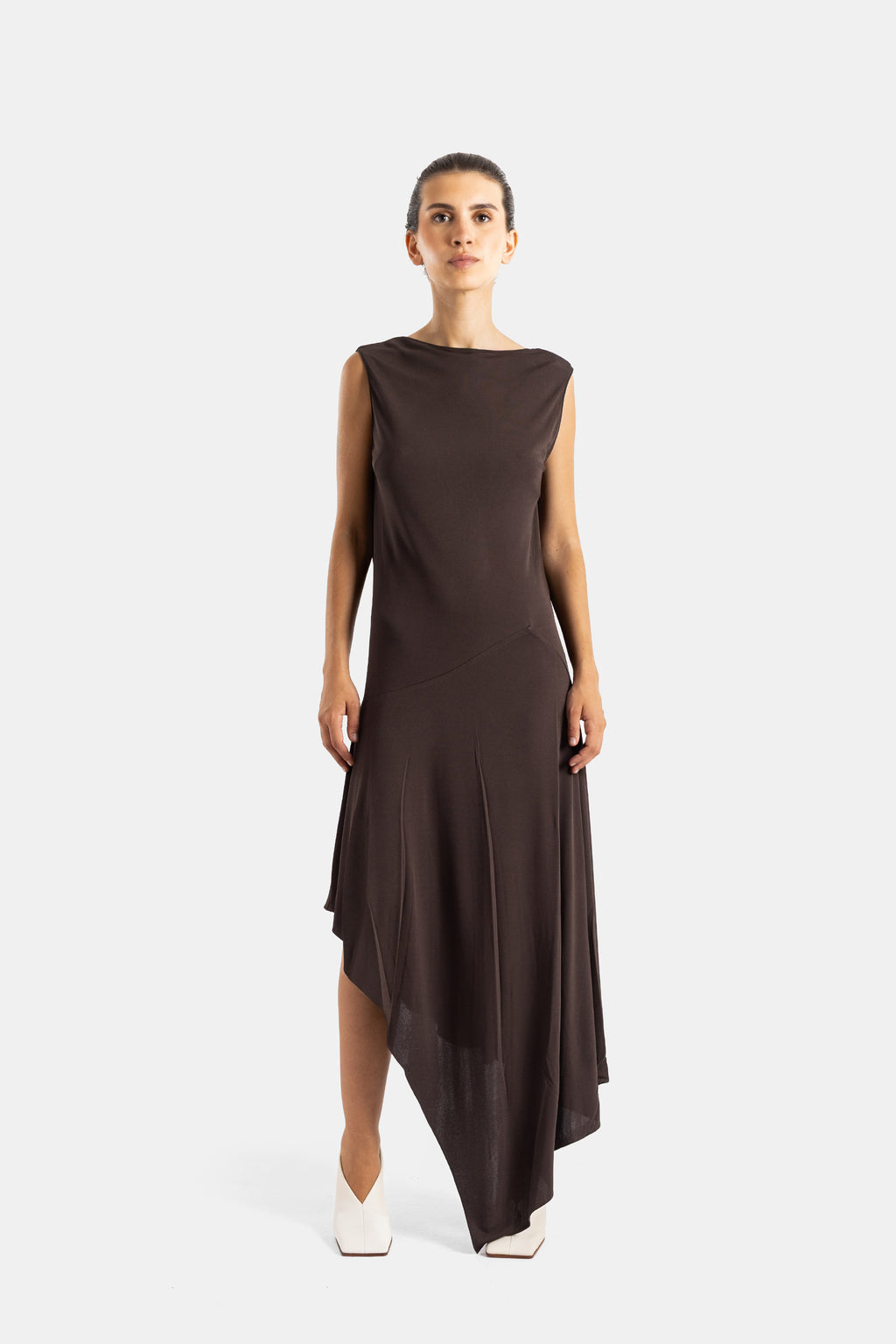 Alaïa Backless Brown Crepe Jersey Dress with Asymmetric Hem