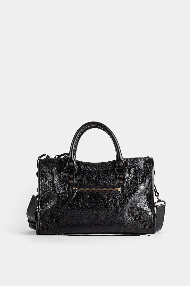 Borsa a mano Balenciaga Le City in pelle stropicciata nera con borchie e dettagli metallici antracite.