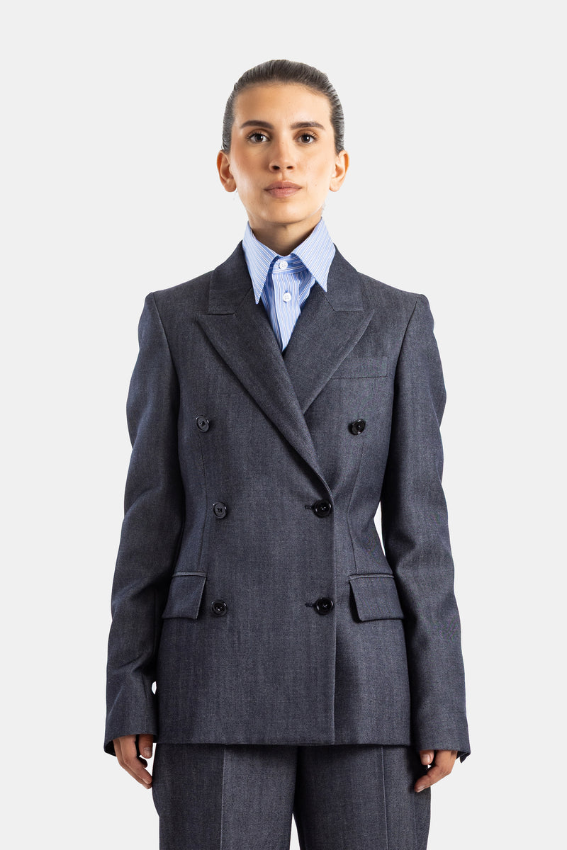 Balenciaga blazer croisé denim bleu gris femme, coupe structurée, revers larges, boutonnage double