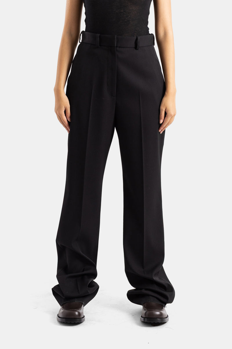 Calças Balenciaga de cintura alta com pinças e corte largo, em lã stretch preta elegante para mulher.