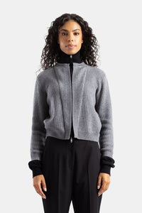 Cardigan zippé en maille côtelée grise à doublure noire - M