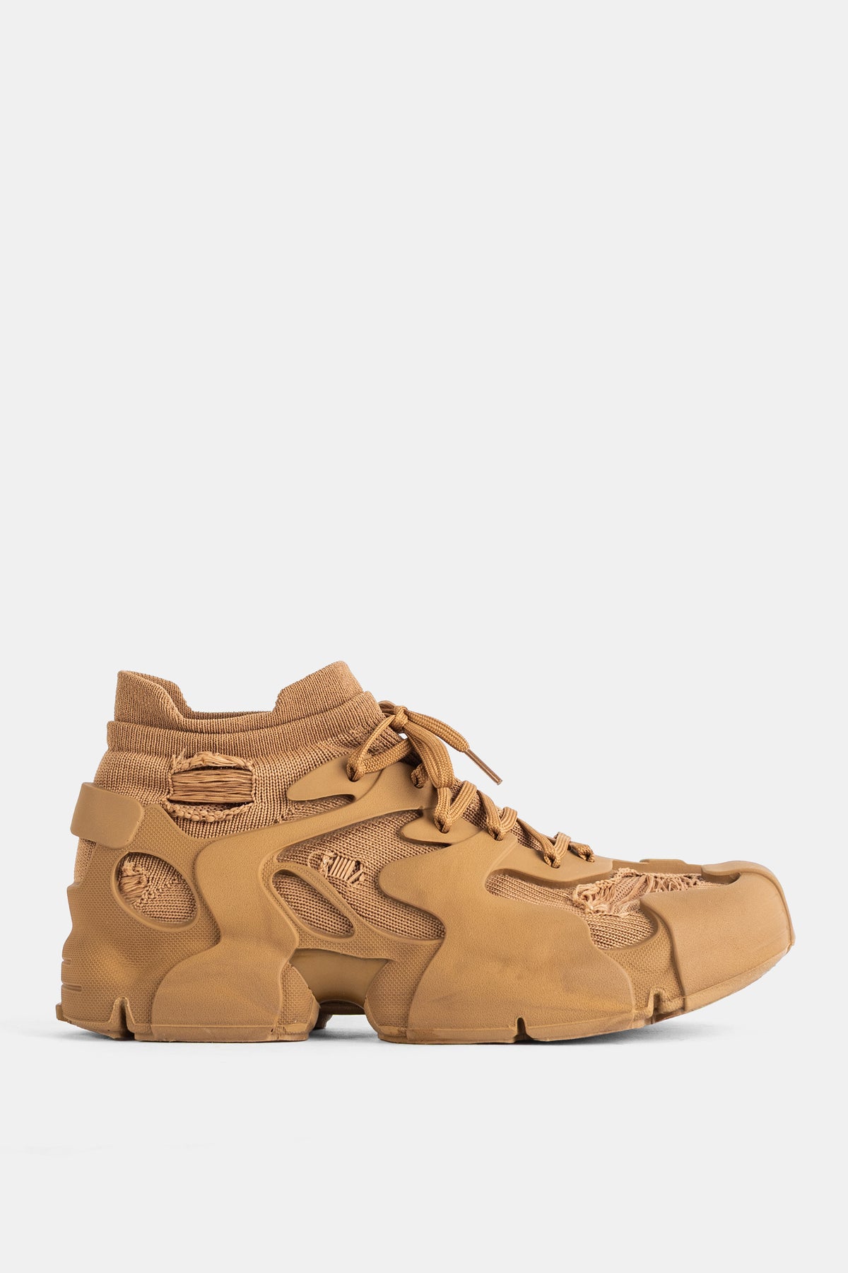 Camper Tossu camel high-top cage-effect sneakers with a sculpted sole and frayed mesh, profile view.