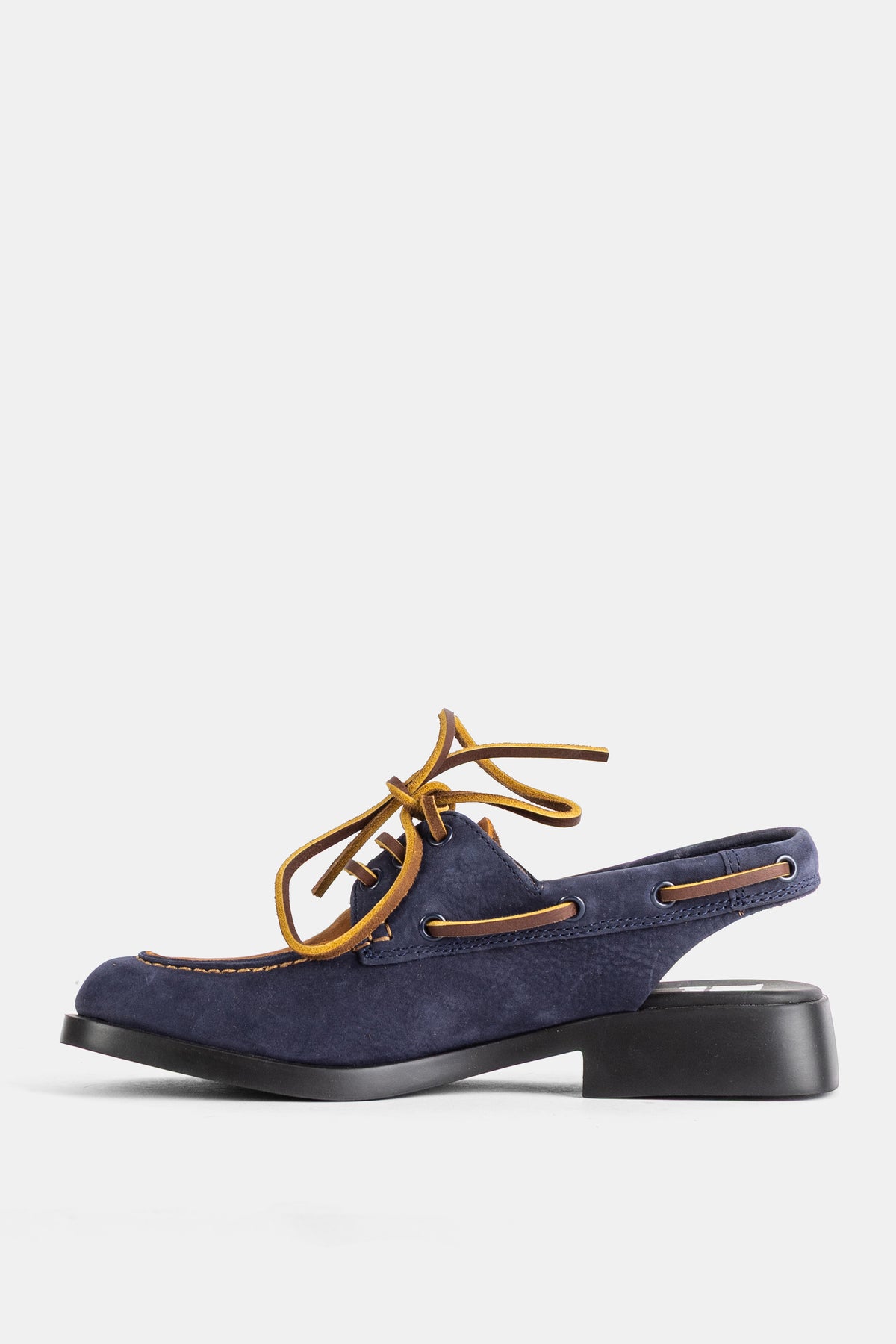 Camper Dana mocassins femme nubuck marine lacets jaune moutarde couture contrastante vue latérale gauche