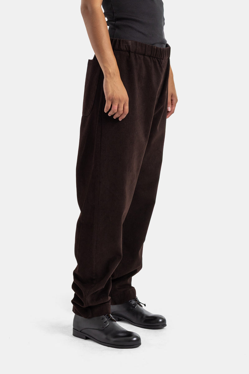 Casey Casey Jog Ah brown corduroy women's trousers, side profile view with pockets and tapered ankles.