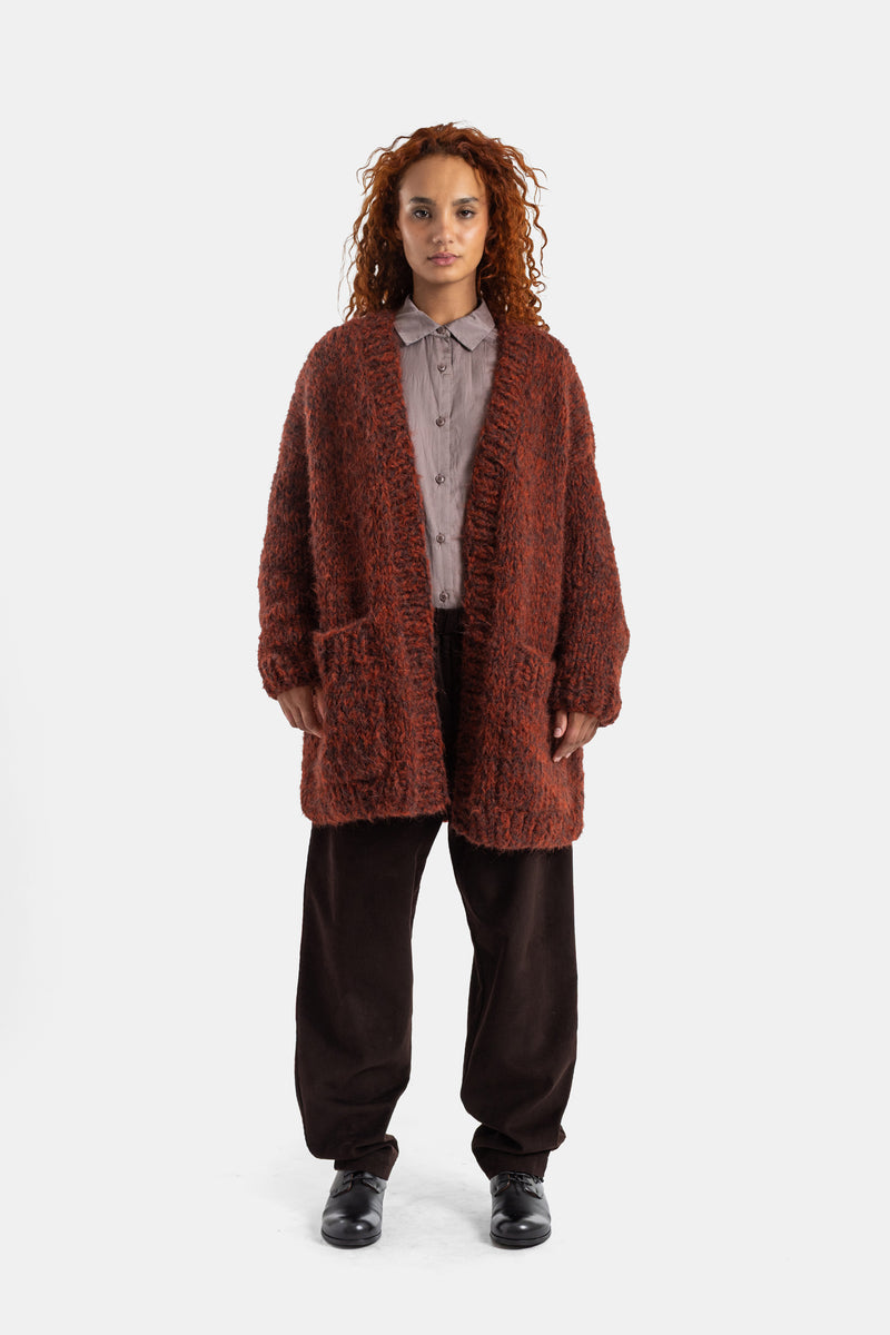 Casey Casey long oversize cardigan in rust and brown marl chunky loop knit, enveloping cut with pockets