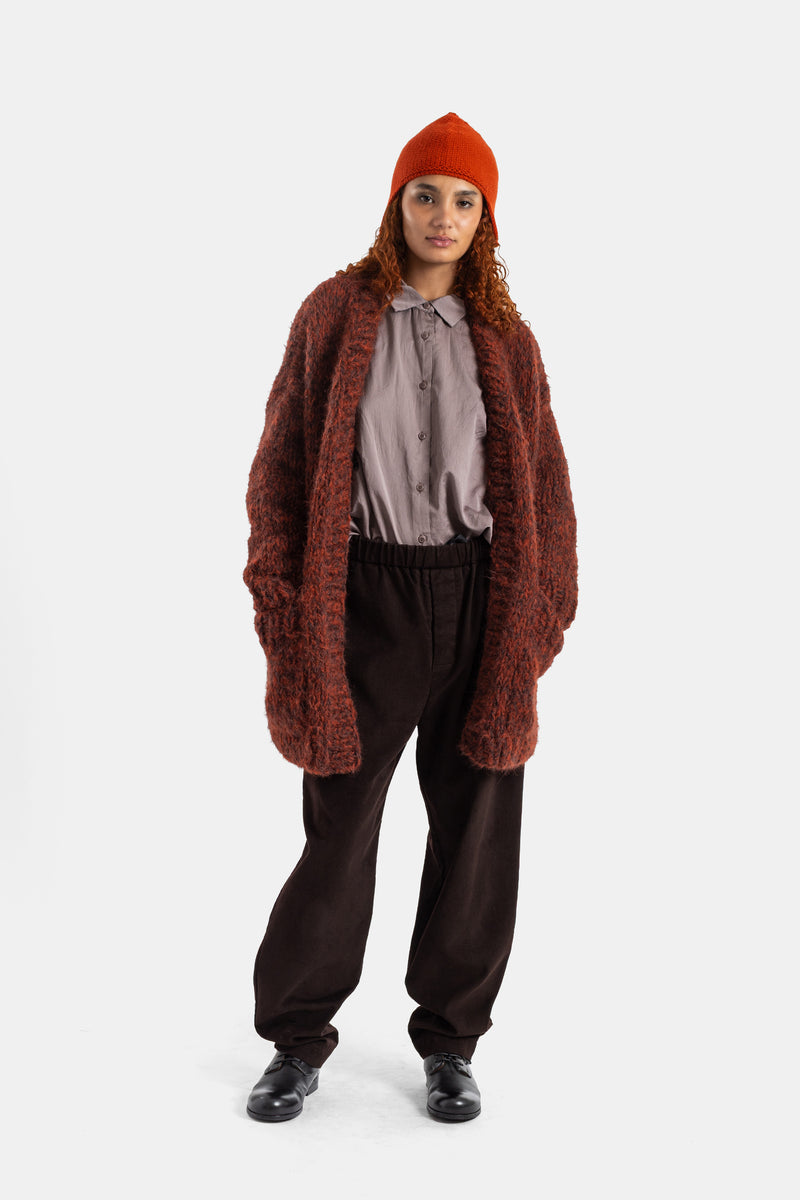 Casey Casey Elsa textured brown marl cardigan, front view, loose drape over chocolate trousers and grey shirt