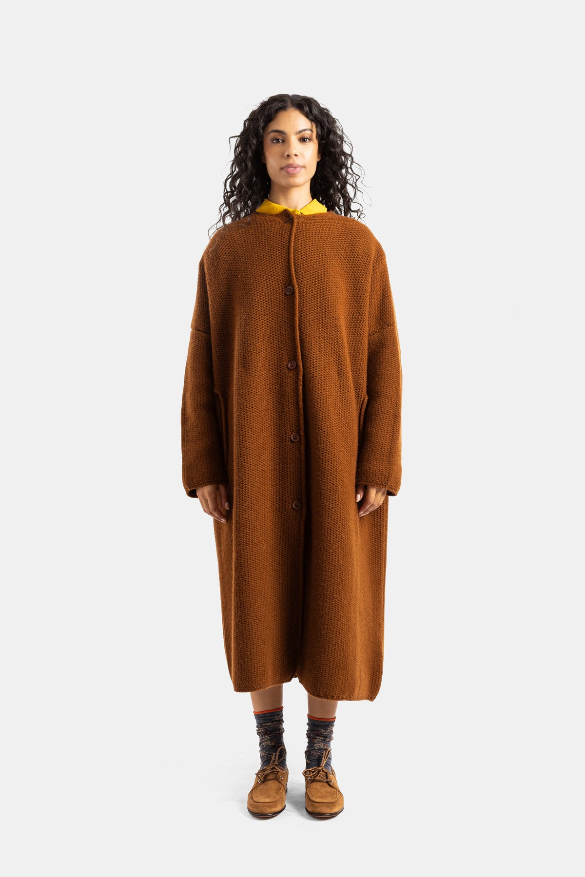 Cappotto Casey Casey Rover oversize a collo rotondo in maglia di lana caramello taglio lungo da donna
