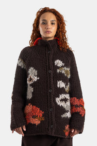 Casey Casey cardigan Flora oversize col montant grosse maille intarsia motifs floraux abstraits marron rouille grège