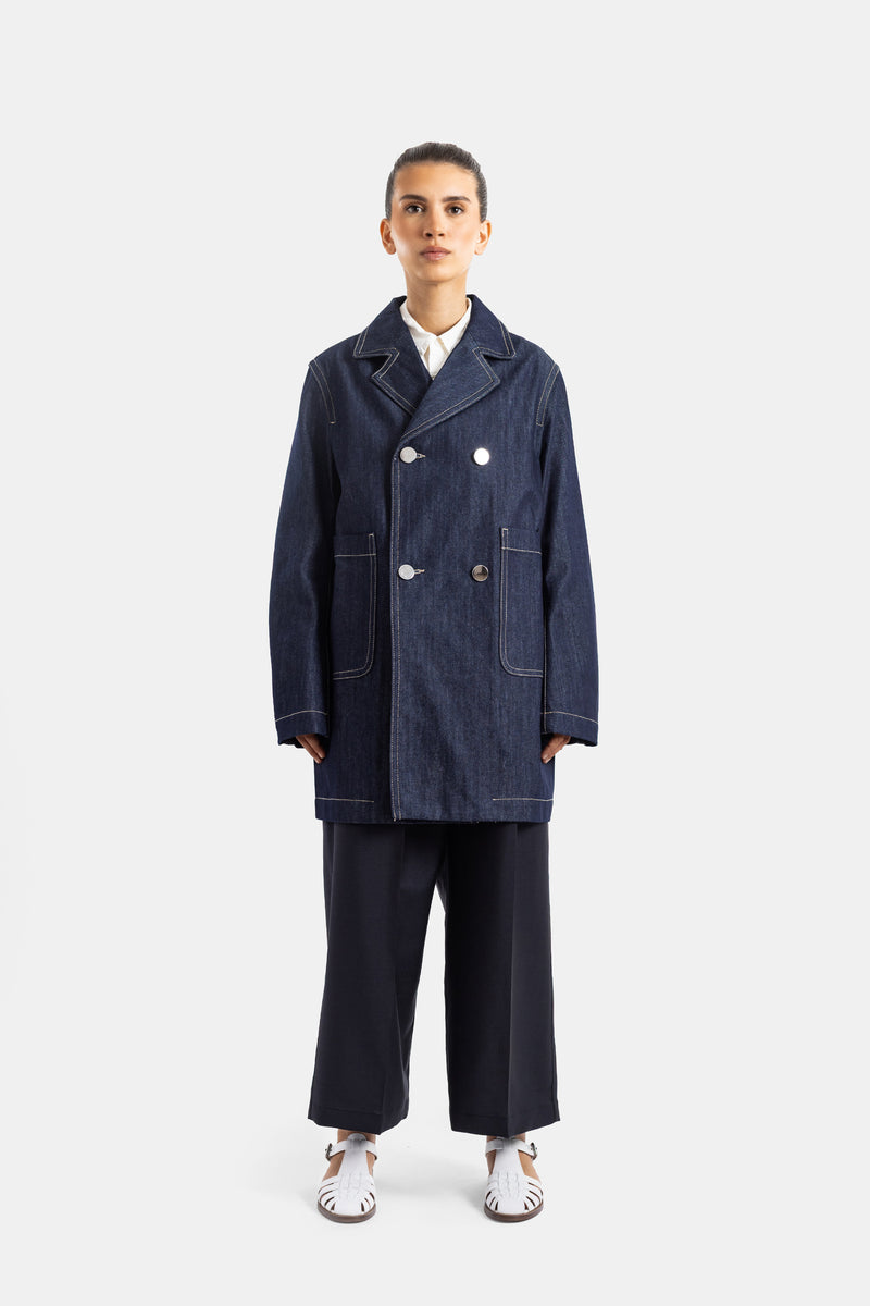 Sofie d'Hoore caban oversize double boutonnage denim brut indigo surpiqûres contrastées col cranté femme