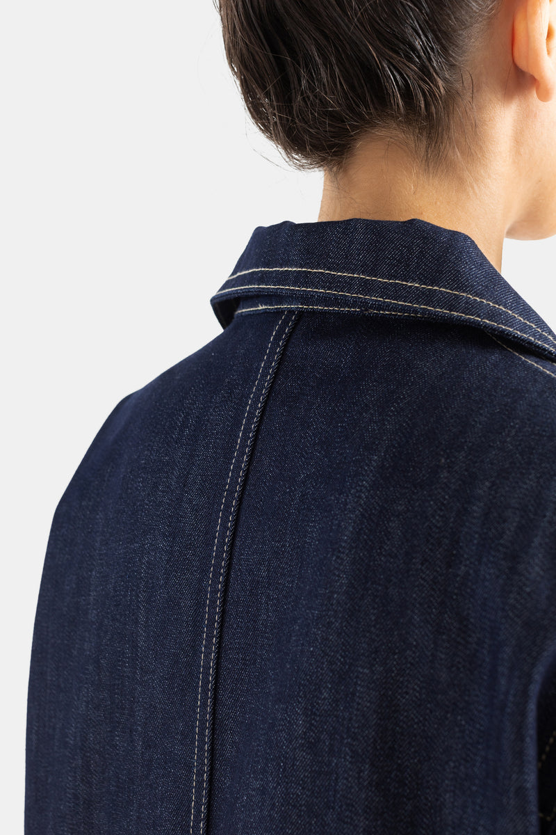 Sofie d'Hoore caban denim col tailleur nuque détail couture centrale dos surpiqûres fil écru femme