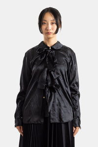 Zwarte satijnen blouse met Peter Pan-kraag en lavallière - M