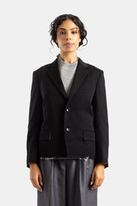 Schwarzer Woll-Schneiderblazer mit ausgefranstem Saum - S