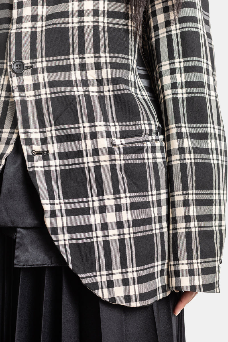 Comme des Garçons blazer carreaux zoom poche passepoilée, tissu sergé noir beige, détail boutonnière sur revers