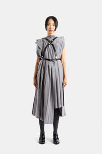 Vestido plisado asimétrico de lana con arnés de cuero - M