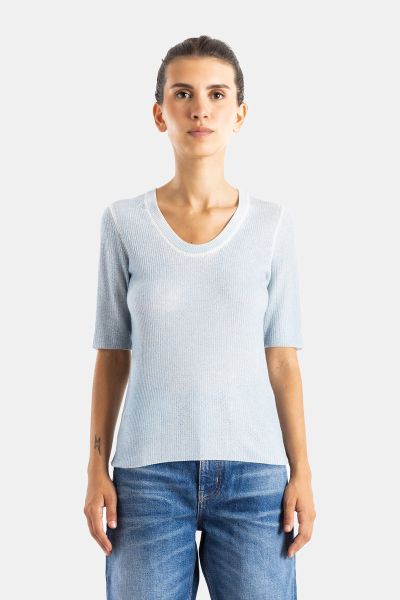Chloé top en maille côtelée bleu ciel à manches mi-longues et encolure ronde liserée blanc
