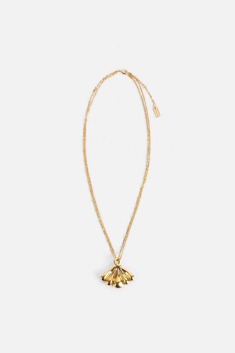 Chloé collier pendentif éventail pétalisé en laiton doré poli, chaîne double rang ajustable, ton gold