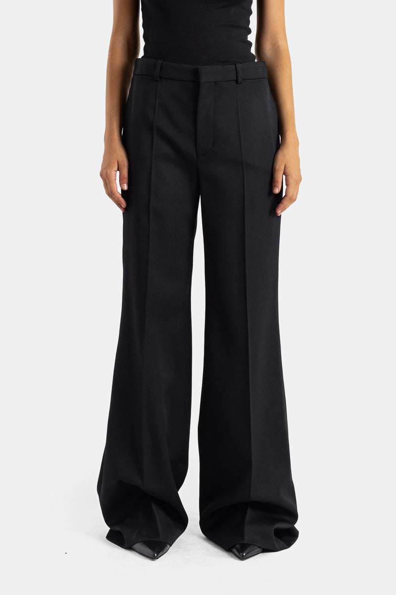 Chloé pantalon tailleur évasé taille haute en laine grain de poudre noir, coupe wide-leg à plis