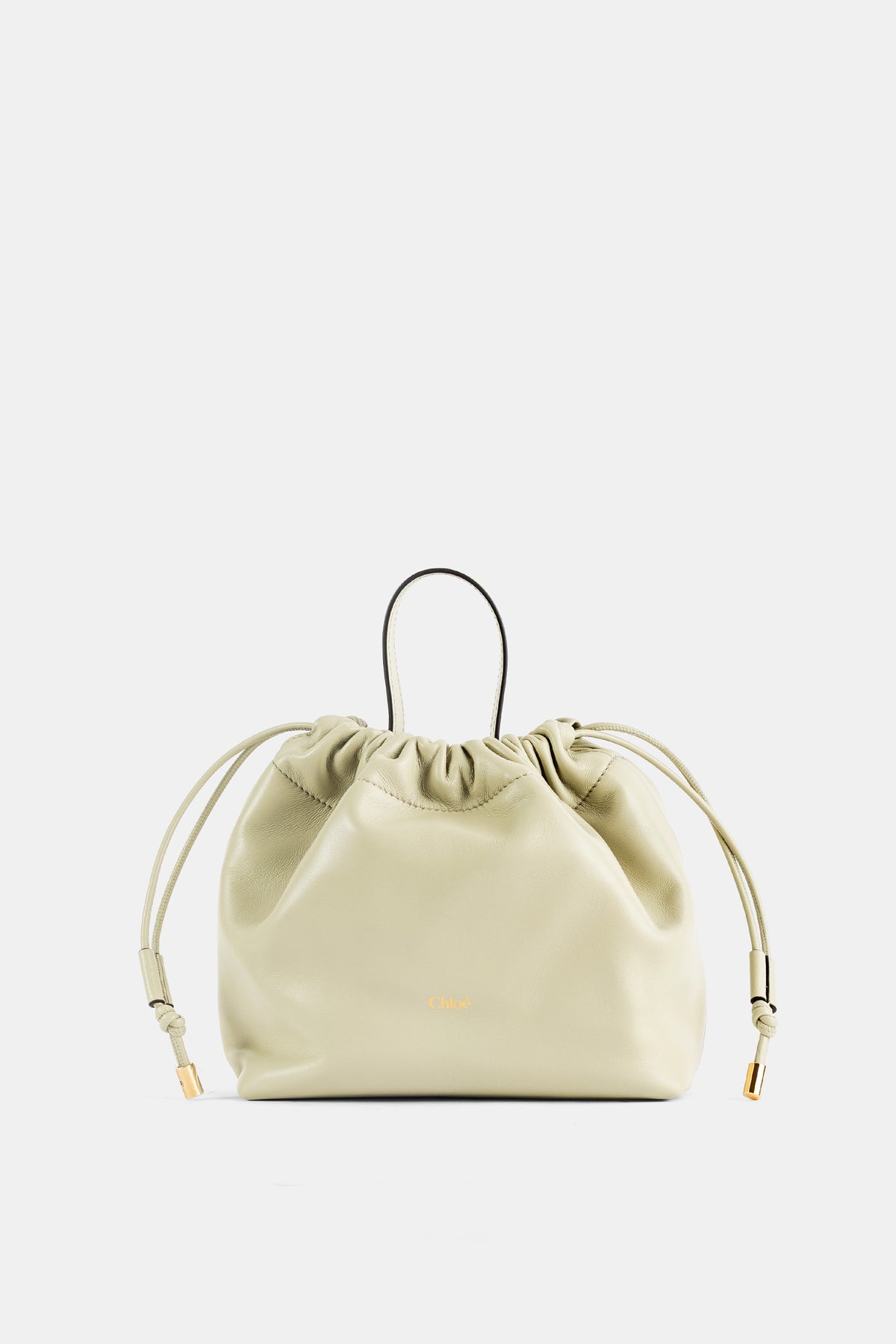 Chloé pochette Icons en cuir nappa agneau souple coloris jade gris avec cordons dorés et anse top handle
