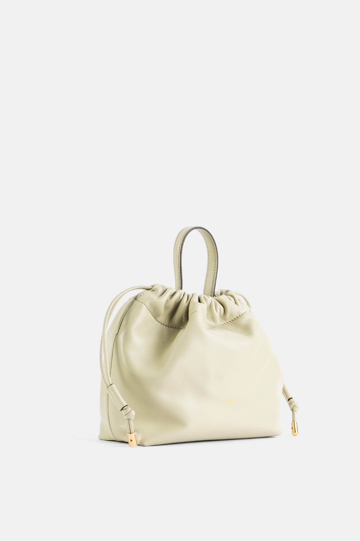 Chloé sac Icons nappa agneau jade gris vue trois quarts, fermeture coulissante et détails métal doré