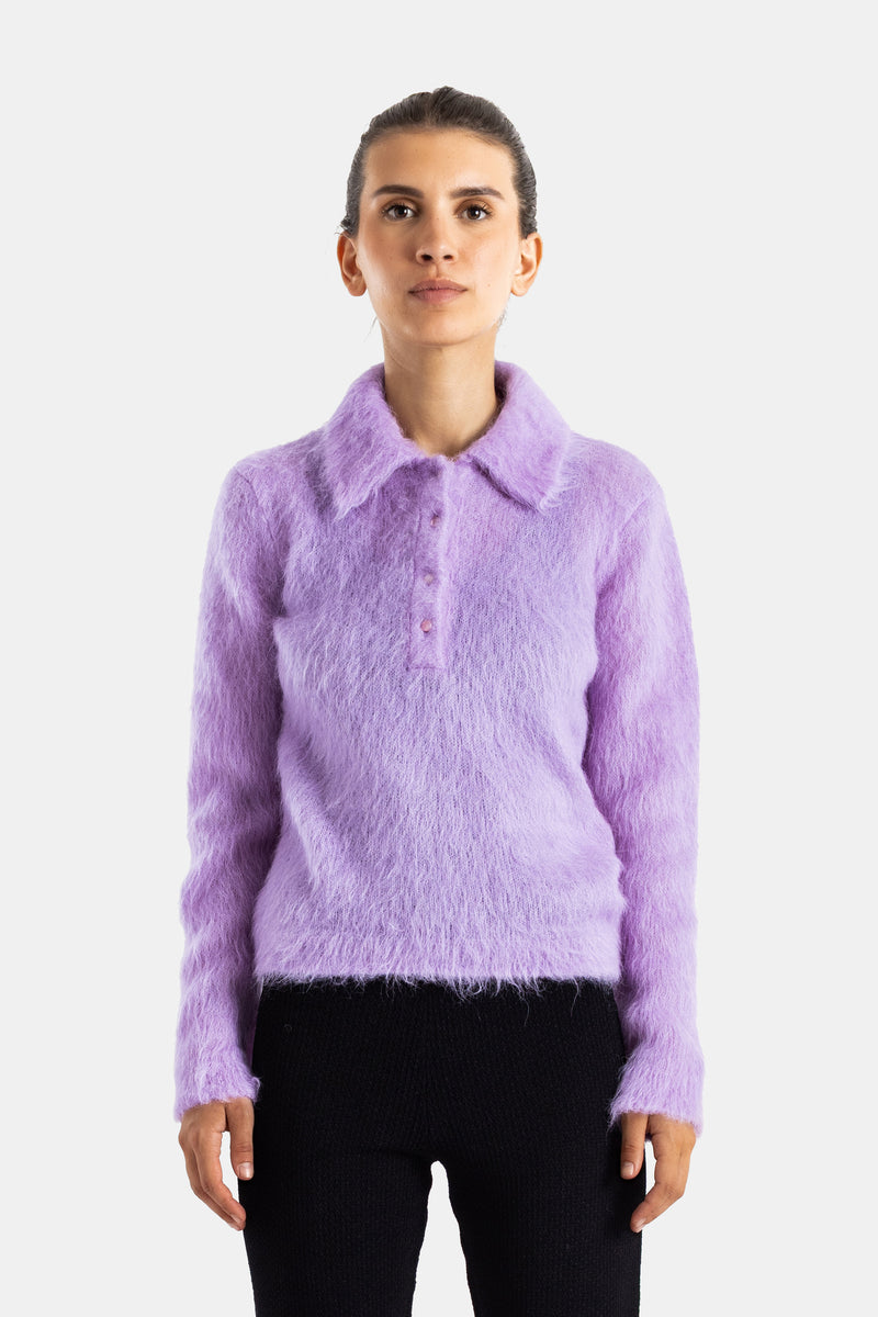 Chloé pull col polo en alpaga brossé manches longues coupe ajustée couleur lavande
