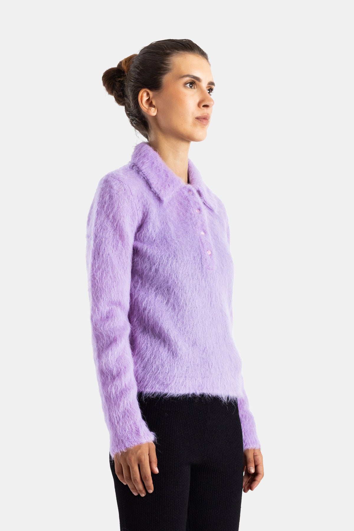 Chloé tricot alpaga brossé lavande vue profil col rabattu boutons nacre femme