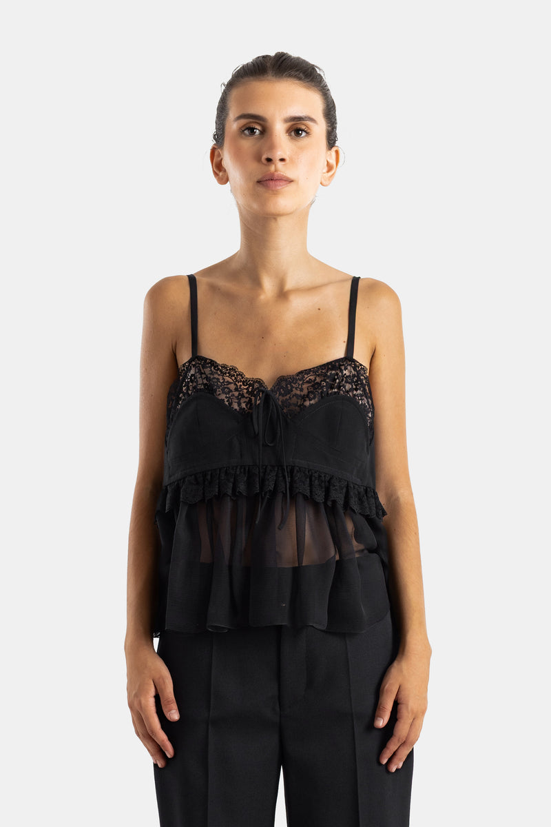Chloé top bustier noir en crêpe de soie et dentelle florale à bretelles fines et volants en mousseline