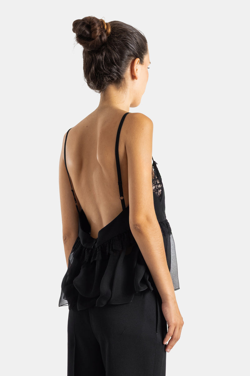Chloé top dos nu noir bretelles fines, volants en crêpe de soie et dos ouvert plongeant, vue arrière