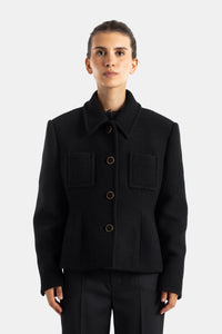 Veste en laine bouclette noire à boutons dorés - FR 40